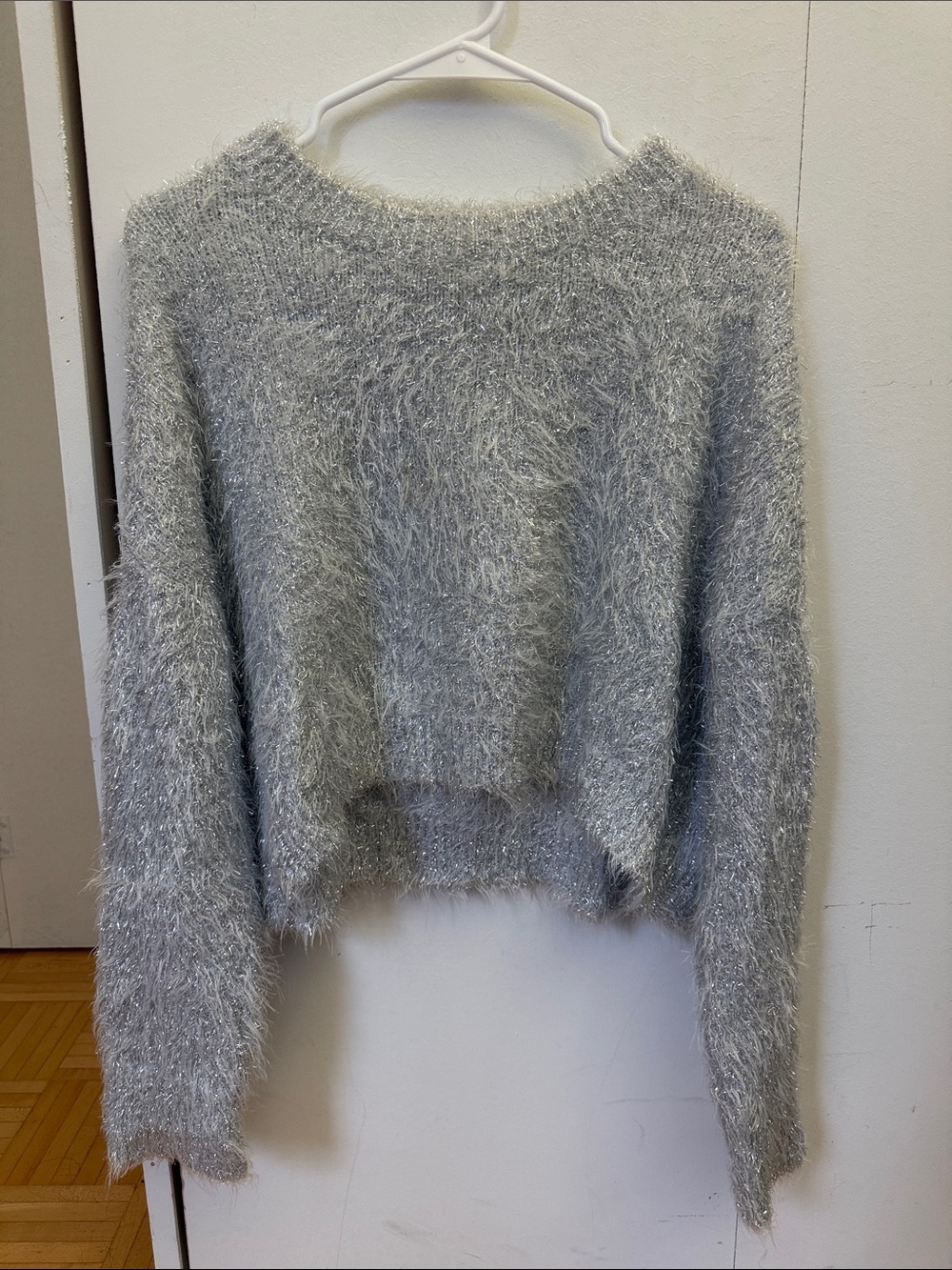 Urban Outfitters Shimmery Silver Fuzzy Crewneck Sweater